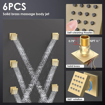 Enga Luxury Brushed Gold Shower System, 16 Inch Rain Shower Head with Body Spray Thermostatic Shower Faucet Set, Can Use All Functions At a Time (Volume Adjustable)