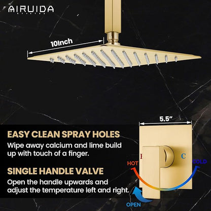 Airuida Shower Faucet Set and Handle Set Single Function Shower Trim Kit Ceiling Mount Rainfall Shower System with Male Threads and Rough-in Valve 10 Inch Square Shower Head Brushed Gold