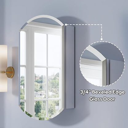 WELLFOR 20" x 32" Bathroom Oval Medicine Cabinet, Beveled Edge Mirror Cabinet, Medicine Cabinet with Adjustable Shelves, Bathroom Cabinet with Reverse Door Installation, Surface or Recessed Mount
