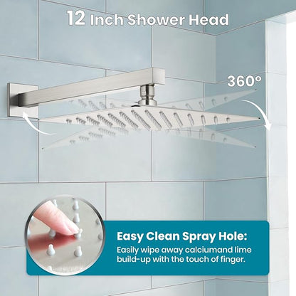 gotonovo Shower System with Tub Spout Wall Mounted Rain Shower Head and Handle Combo Shower Faucet Set with Valve, 12 Inch, Brushed Nickel