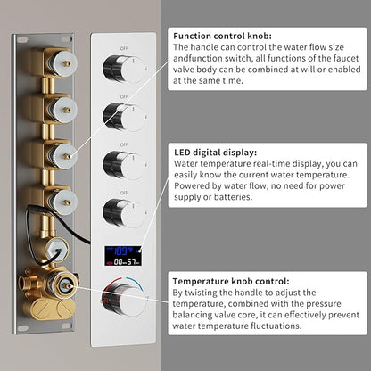 Polished Chrome Shower System with 12 inch Ceiling Mounted Shower Head and Dual 8 inch Wall Mounted Shower Head, Digital Display Shower Faucet Set with Handheld Spray
