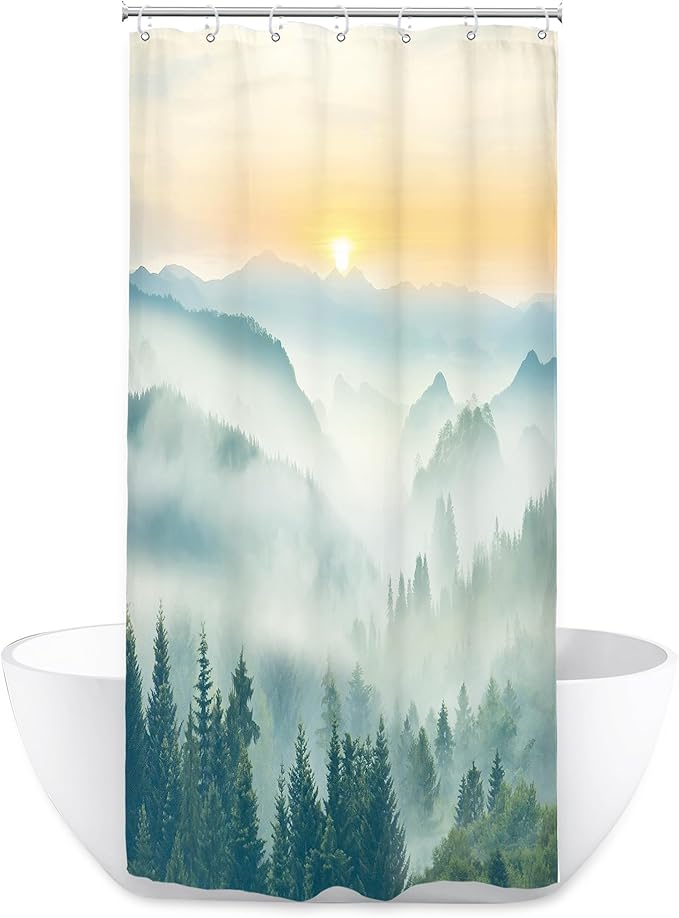 Riyidecor Small Stall Mountain Shower Curtain 36Wx72H Inch RV Narrow Green Yellow Sunset Sunrise Scenery Greenery View Landscape Woodland Bathroom Decor Fabric Polyester Waterproof 7 Pack Hooks