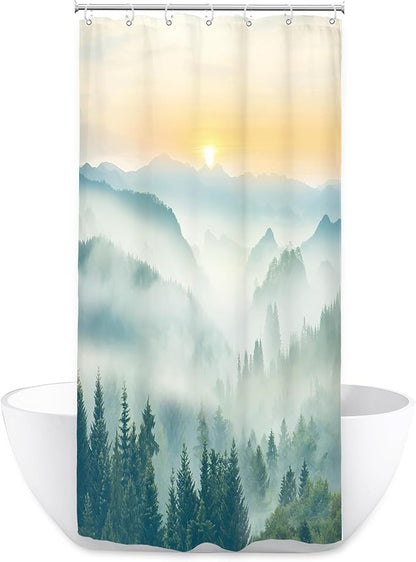 Riyidecor Small Stall Mountain Shower Curtain 36Wx72H Inch RV Narrow Green Yellow Sunset Sunrise Scenery Greenery View Landscape Woodland Bathroom Decor Fabric Polyester Waterproof 7 Pack Hooks