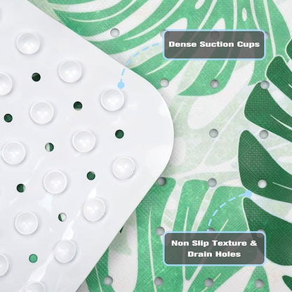 Tropical Leaves Bathtub Mat Non Slip, Boho Bath Tub Mat Baby Bath Mats for Bathroom Anti Slip Shower Mats for Inside Shower, Green Plants Bathmat with Suction and Drain Holes Machine Washable, 40″x16″
