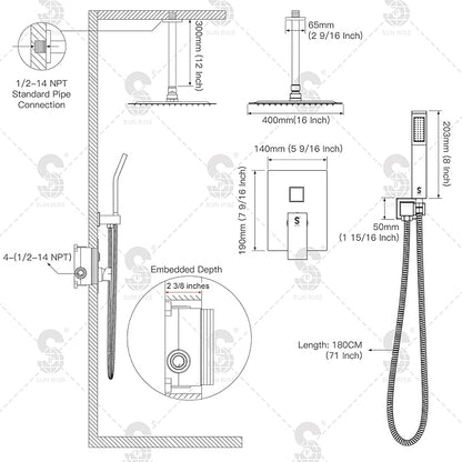 SR SUN RISE 16 Inches Oil Rubbed Bronze Shower Faucets Sets Complete Bathroom Rain Mixer Shower System Ceiling Mounted Rainfall Shower Head System (Contain Shower Faucet Rough-In Valve Body and Trim)