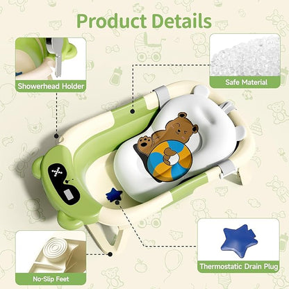 Collapsible Baby Bathtub for Newborn to Toddler (0-18 Months) - Foldable Baby Bath Tub with Soft Towel, Newborn& Infant Bathtub for Travel and Outdoor, Green