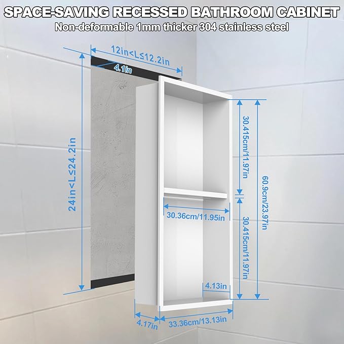 304 Stainless Steel Shower Niche Insert-Glossy White 24 x 12" No Tile Needed Bathroom Niche for Shower Wall-Double Shelves Built in Shower Shelf-Waterproof Recessed Cabinet for Bathroom Living Room