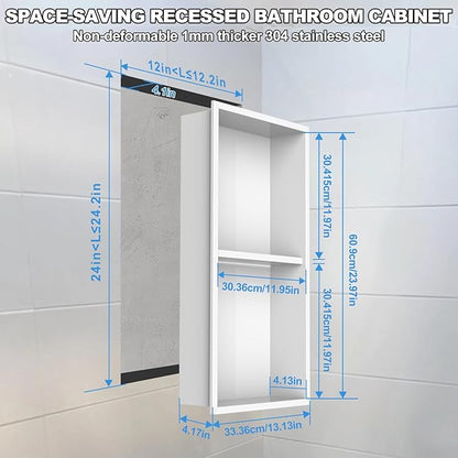 304 Stainless Steel Shower Niche Insert-Glossy White 24 x 12" No Tile Needed Bathroom Niche for Shower Wall-Double Shelves Built in Shower Shelf-Waterproof Recessed Cabinet for Bathroom Living Room