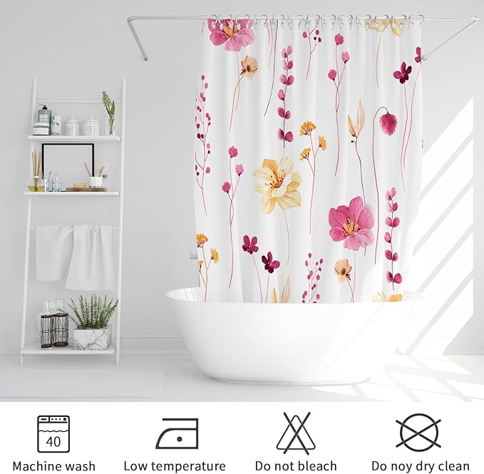 Gibelle Watercolor Floral Shower Curtain, Hot Pink Flower Shower Curtain for Bathroom, Modern Minimalist Waterproof Fabric Shower Curtain Set 72x72 Inch