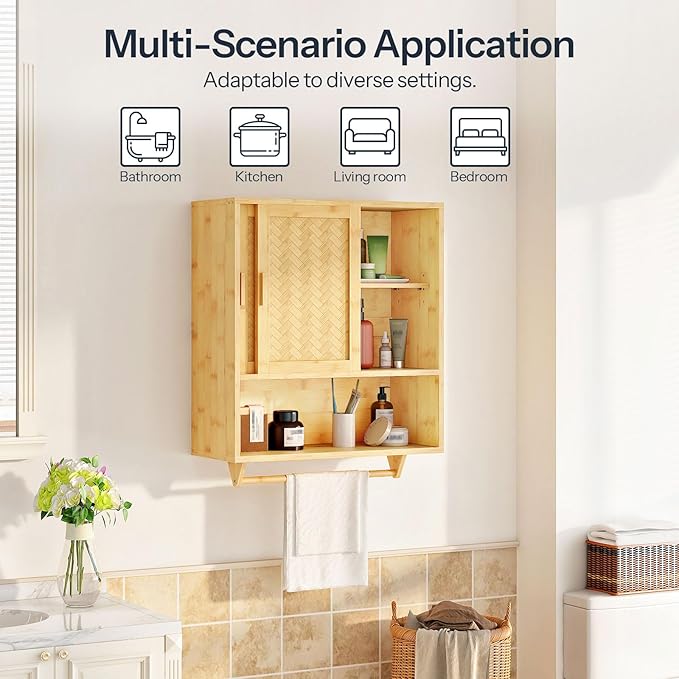 HOOBRO Bathroom Cabinet Wall Mounted, Bamboo Medicine Cabinet with Towels Bar & Adjustable Shelves, Over Toilet Cabinet, 23.6 x 7.9 x 28.5 Inches, for Bathroom, Laundry, Kitchen, Natural YL63CW01