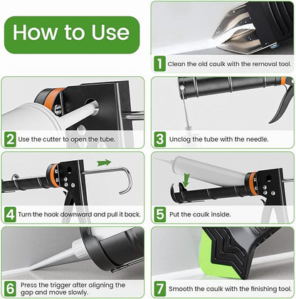 Professional Caulk Gun Kit with Caulk Remover Tool & Putty Knife - 5 in 1 Caulking Tool Set for Caulking Removal, Shower & Bathroom Caulk, Includes Caulking Gun Tool, Caulk Scraper Tool Spackle Knife