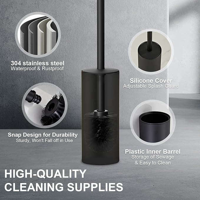 304 Stainless Steel Toilet Bowl Brush and Holder Set, Circular Floor Toilet Brush Holder, Long Handle, Bathroom Heavy-Duty Cleaner, High-End Cylinder Wall，2 Brush Head (Black) YIGUANXIN