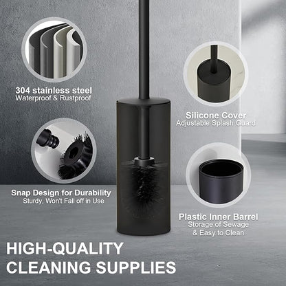 304 Stainless Steel Toilet Bowl Brush and Holder Set, Circular Floor Toilet Brush Holder, Long Handle, Bathroom Heavy-Duty Cleaner, High-End Cylinder Wall，2 Brush Head (Black) YIGUANXIN
