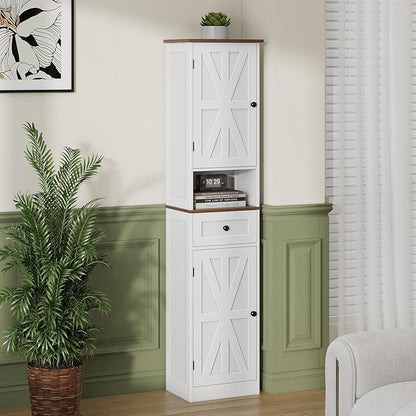 67" H Tall Bathroom Cabinet, Narrow Storage Cabinet with 2 Barn Doors and 1 Drawer, Freestanding Floor Cabinets with 5 Shelves and Open Storage Shelf for Bathroom, Living Room, Kitchen, White