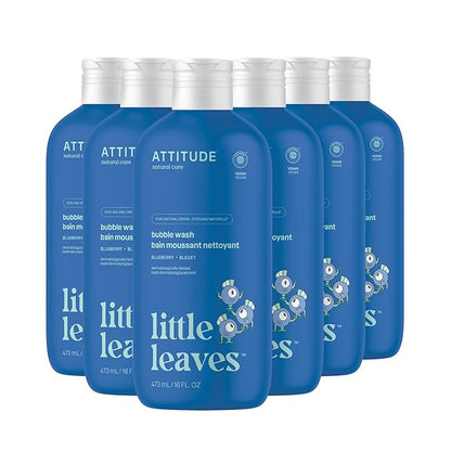 Attitude Bubble Wash for Kids, EWG Verified Bubble Bath, Hair Shampoo and Body Soap, Dermatologically Tested, Plant- and Mineral-Based, Vegan, Blueberry, 16 Fl Oz (Pack of 6)