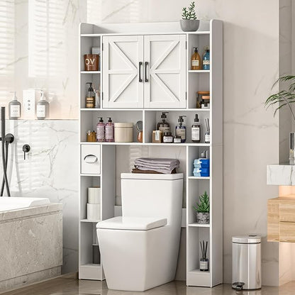 Farmhouse Storage Cabinet Over Toilet with Barn Doors，Over The Toilet Storage Cabinet, Home Space-Saving Toilet Rack, for Bathroom, Restroom, Laundry.