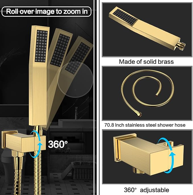 Rain Shower System 10 Inches Shower Head with Handheld Combo Set for Bathroom,High Pressure Rainfall Shower Faucet Set Wall Mounted,Rough-in Valve and Trim Kit(Brushed Gold)