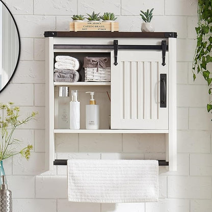 Bathroom Wall Cabinet, Farmhouse Medicine Cabinet with Sliding Barn Door & Adjustable Shelves, Wall Mounted Storage Cabinet for Toilet, Kitchen, Living Room (Antique White)