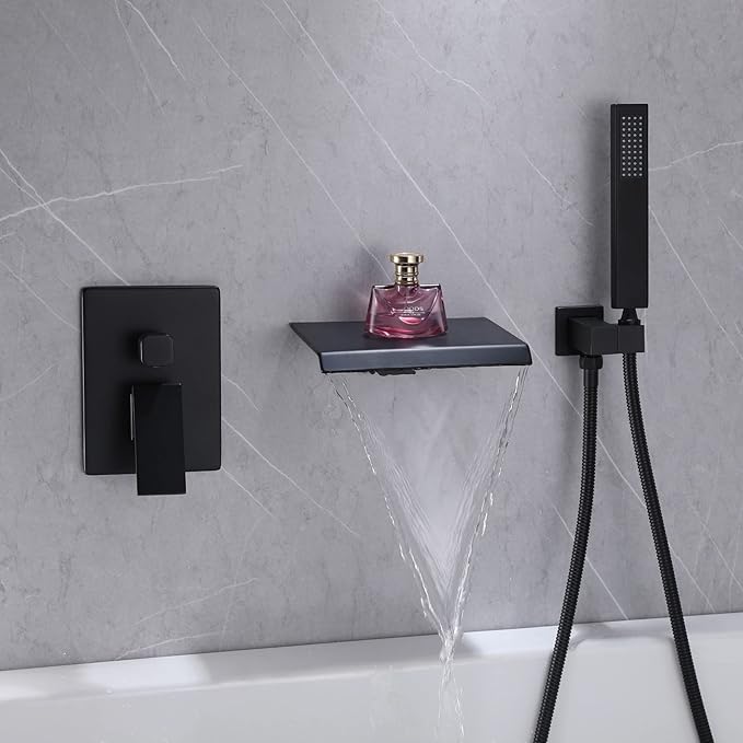 Taplong Wall Mount Tub Faucet with Waterfall Tub Spout Wall Mounted Tub Filler with Handheld Sprayer Black Bathtub Faucet Solid Brass Single Handle Shower Faucet Set with High Flow Rough in Valve