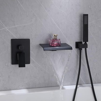 Taplong Wall Mount Tub Faucet with Waterfall Tub Spout Wall Mounted Tub Filler with Handheld Sprayer Black Bathtub Faucet Solid Brass Single Handle Shower Faucet Set with High Flow Rough in Valve