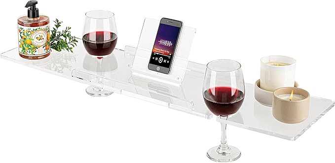 32" Supreme Plus- Luxury Bathtub Caddy - 3/8" Thick, Clear Bath Tub Tray Table for 1 or 2 Bathers, Acrylic Bath Tray Bathtub Caddy- Book, iPad and 2 Wine Glass Holders (32")