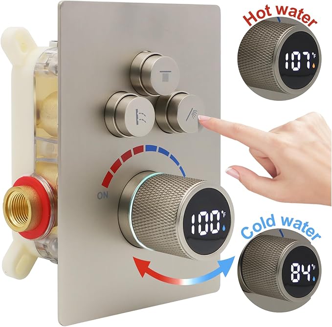 Shower System 12 Inches & 6 Inches Rainfall Shower Head System for Bathroom 3 Function Shower System Set Shower Faucet Concealed Installation Valve（Brushed Nickel）