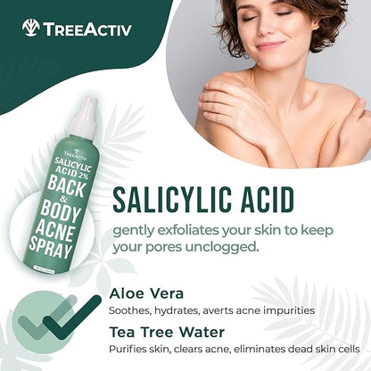 Salicylic Acid Back & Body Acne Spray, Back Acne Solution For Women And Men, Acne Body Spray with Tea Tree Oil, Fast-Drying Back Acne Spray, Fine Mist, Back Acne Spray, 4 fl oz, 2-pack