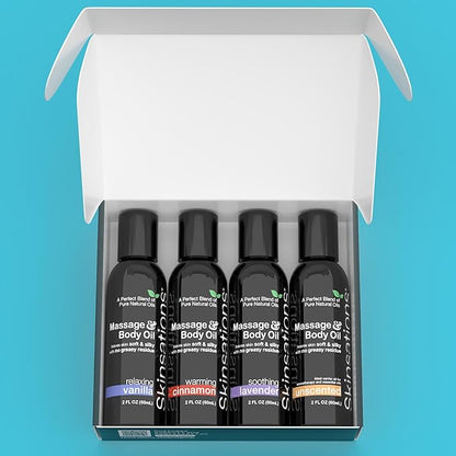 Skinsations - Massage Oil Kit (Set of 4) Natural Scents of Vanilla, Cinnamon, Lavender | Blend of Sweet Almond Oil, Fractionated Coconut Oil, Grapeseed Oil & Jojoba Oil, Travel Size