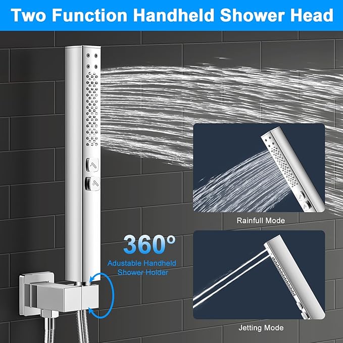 Shower Faucet Set, 3-Setting Push Button Polish Chrome Shower System, 12 Inch Ceiling Mounted Shower Head, 6 Inch Wall Mounted Rain Shower Head with 2 in 1 Handheld Spray, Shower Valve Trim Kit