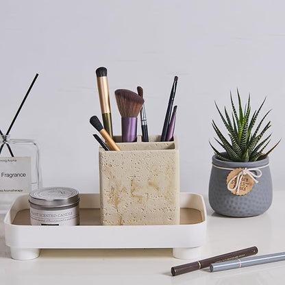 Natural Travertine Textures Toothbrush Holders for Bathroom, Electric Toothbrush and Toothpaste Holder 3 Slots Tooth Brush Organizer for Bathroom Countertop, Shower, Vanity