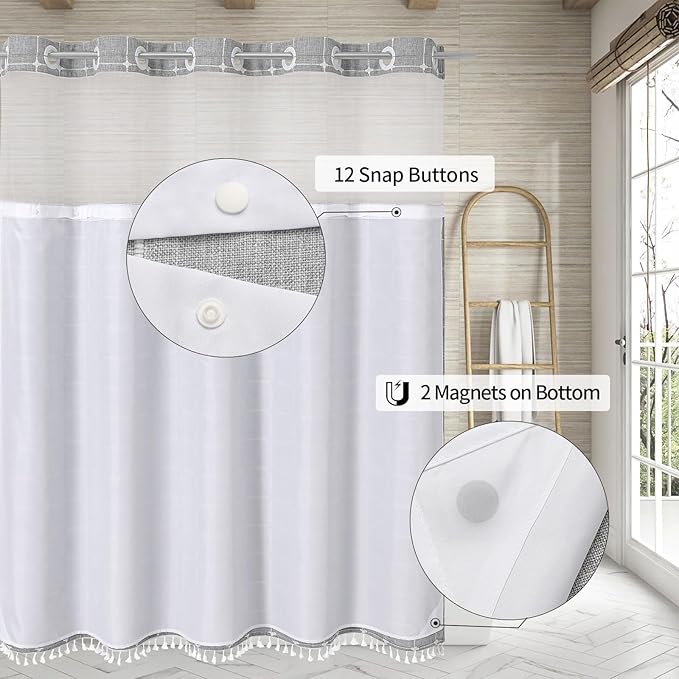 MitoVilla No Hooks Required Farmhouse Shower Curtain with Snap-in Liner - with Window & Magnets, Boho Cotton Linen Fabric Shower Curtains with Tassels for Rustic Bathroom Decor, Grey, 72 x 74