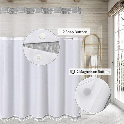 MitoVilla No Hooks Required Farmhouse Shower Curtain with Snap-in Liner - with Window & Magnets, Boho Cotton Linen Fabric Shower Curtains with Tassels for Rustic Bathroom Decor, Grey, 72 x 74