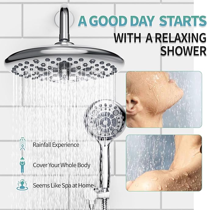 SR SUN RISE Shower Faucet - 10 Inch Multifunctional High Pressure Shower Head System with Handheld Shower Head Fixtures - Valve Included - Polished Chrome