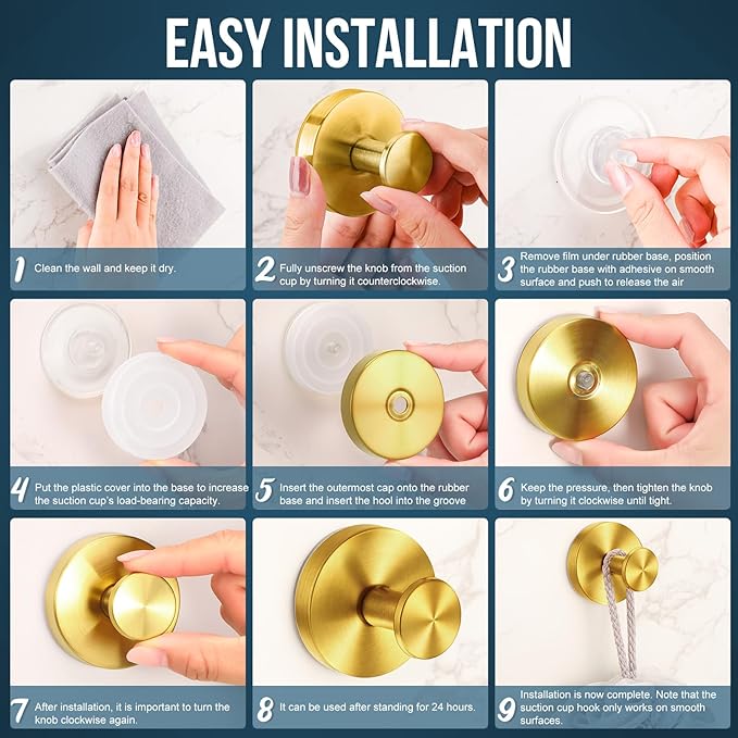 Suction Cup Hook for Shower, 16 Pack Wall Mount Towel Holder, Removable Towel Hook - Stainless Steel No Drill Hook for Bathroom Window Glass Door Wall Home Kitchen Gold