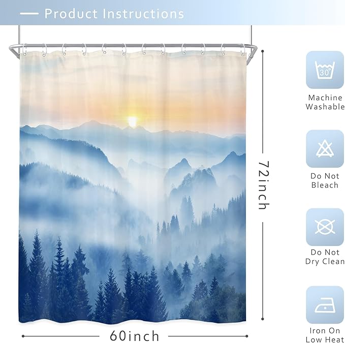 Riyidecor Misty Mountain Shower Curtain 60Wx72H Inch Blue Spring Scenery Sunrise Foggy Woodland Greenery Smokey Tree Nature Pine Scenic Bathroom Decor Fabric Polyester Waterproof 12 Pack Hooks