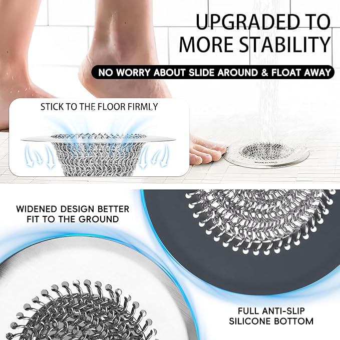 Bathtub Drain Hair Catcher, Wokdada Fast Drainage Shower Drain Hair Catcher, Reversible 304 Stainless Steel Drain Protector with Silicone Stopper for Bathroom
