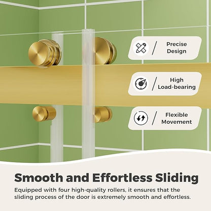 DELAVIN 56-60" W x 75" H Double Sliding Shower Door, Gold Frameless Shower Door, 1/4" (6mm) SGCC Tempered Glass, Noiseless Leak Proof Shower Doors with Square Rail, Stainless Steel, Aluminum