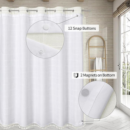 MitoVilla No Hooks Needed Boho Farmhouse Shower Curtain with Snap-in Liner, Cotton Linen Fabric Shower Curtains with Tassels for Rustic Neutral Bathroom Decor, Ivory, 72 x 74