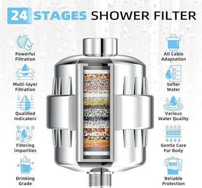 24 Stage Shower Water Filter - High Output Softener to Remove Chlorine and Fluoride - Reduces Dry Itchy Skin, Dandruff, and Improves The Condition of Your Skin, Hair, Chrome