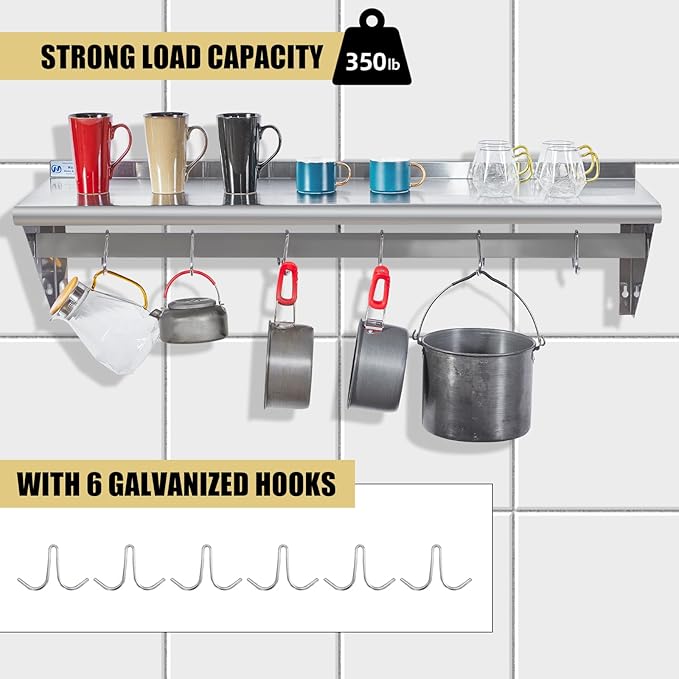 Hally Stainless Steel Shelf with 6 Hooks 14" x 48" Wall Mounted Pot Rack 350lb, NSF Commercial Floating Shelving for Storage Hanging Pots, Pans, cookware in Restaurant, Kitchen, Home and Hotel