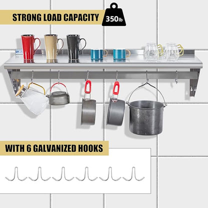 Hally Stainless Steel Shelf with 6 Hooks 14" x 48" Wall Mounted Pot Rack 350lb, NSF Commercial Floating Shelving for Storage Hanging Pots, Pans, cookware in Restaurant, Kitchen, Home and Hotel