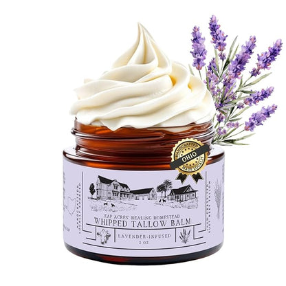 Lavender Infused 100% Grass-Fed Whipped Tallow Balm & Organic Jojoba Oil, Face and Body Moisturizer for Dry, Sensitive Skin, Eczema, (Lavender Infused)
