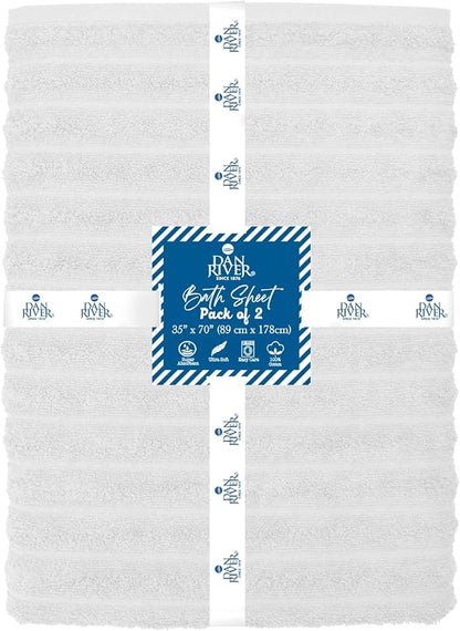 DAN RIVER Pack of 2 Bath Sheet 35x70 Inches, Super Soft Quick Dry Ribbed Cotton Towels, Luxury Oversized White Bath Towels