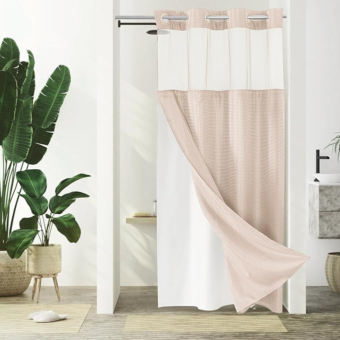 Gibelle Stall Small Shower Curtain 36x74, Waffle Weave Shower Curtain with Snap-in Fabric Liner Set, No Hooks Needed, Hotel Style with Mesh Top Window, Blush Pink