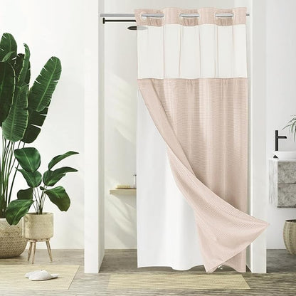Gibelle Stall Small Shower Curtain 36x74, Waffle Weave Shower Curtain with Snap-in Fabric Liner Set, No Hooks Needed, Hotel Style with Mesh Top Window, Blush Pink
