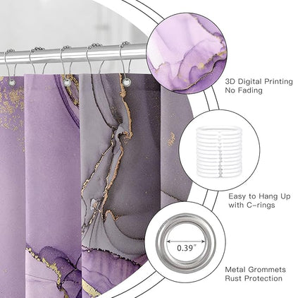 Purple Marble Shower Curtain, Modern Abstract Fabric Shower Curtains for Bathroom, Luxury Art Ink Texture Watercolor Shower Curtain Set with Hooks 72x72