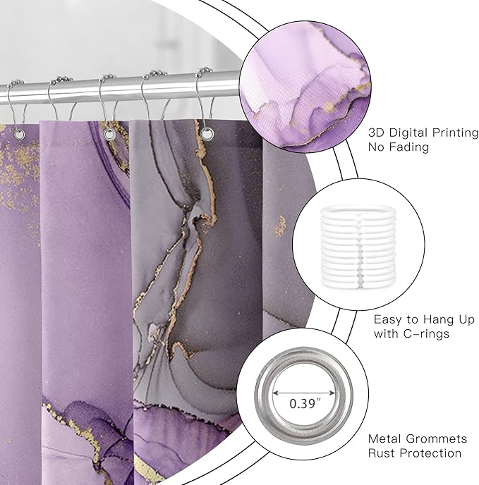 Small Stall Marble Shower Curtain 36 x 72 Inch, Half Narrow Abstract Modern Shower Curtains for Bathroom, Luxury Art Ink Texture Fabric Shower Curtain Set with Hooks, Purple