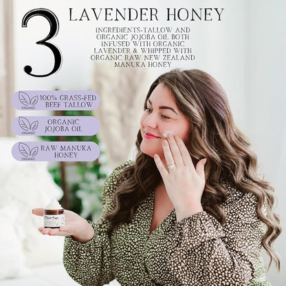 100% Grass-Fed Lavender infused Whipped Tallow Balm-Organic Raw Manuka Honey & Organic Jojoba Oil, Face and Body Moisturizer for Dry, Sensitive Skin, Eczema (Lavender Honey)