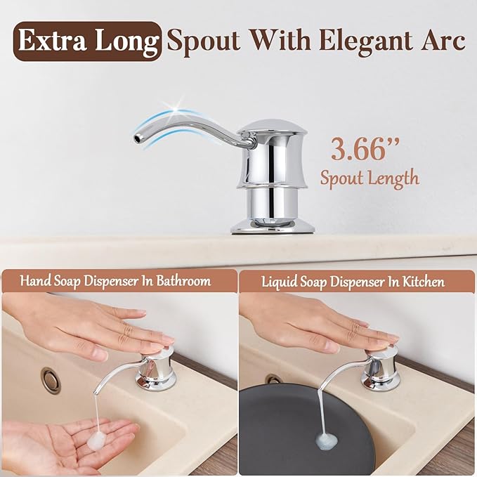 Built in Soap Dispenser for Kitchen Sink Countertop, Solid Brass Pump Head Long Spout with 10.2 Ounce PET Food Safe Material Lotion Bottle, Chrome Finish