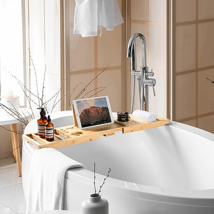 Bamboo Bathtub Tray | Splash-Proof Adjustable (28-40 Inch) | Non-Slip Pads, Wine Holder & Tablet Stand | Bath Relaxation & Reading Essentials
